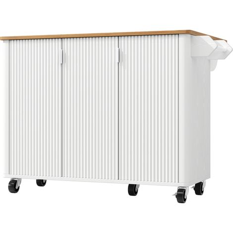 Isola cucina in MDF bianco 130 x 45/75 x 92 cm con ruote, 3 porte (1/5)