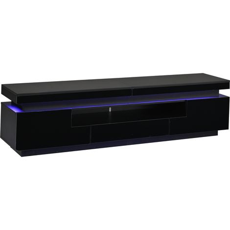 Meuble TV noir laqué avec LED, 175 x 38 x 45 cm, 2 armoires en L, 1 tiroir et rangement semi-ouvert pour TV jusqu'à 75 pouces (1/5)