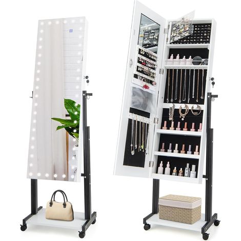 COSTWAY Armario de Joyería de Pie, Organizador de Joyas con Ruedas Universales, Cerradura, Espejo LED de 3 Colores, Estante, Altura y Ángulo Ajustables, Espejo Joyero para Vestidor, Salón (Blanco) (1/5)