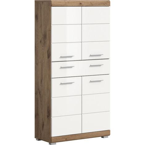 Wave Badschrank 4 Türen, 1 Schublade Weiß hochglanz, Eiche Dekor.