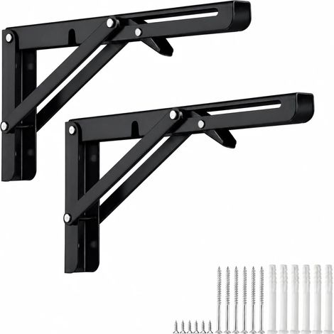 40cm Équerre Pliante Étagère en Acier Inoxydable Noir, 2 Pièces Support Tablette Rabattable Charge Lourde Max 80kg, Console Pliable pour Table Murale, Établi, Gain de Place (1/4)