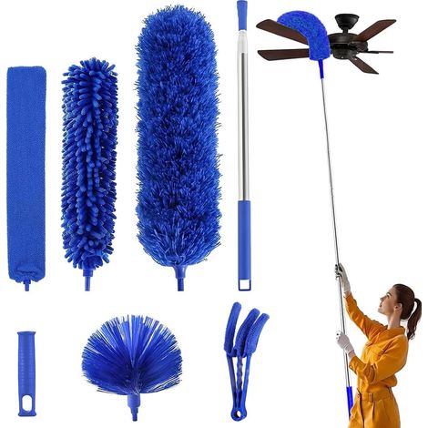 Juego de 7 plumeros telescópicos, plumero telescópico extensible de 250 cm, 7 en 1, plumero de microfibra lavable - Mangos, piezas de repuesto, cepillo de limpieza para persianas (1/5)