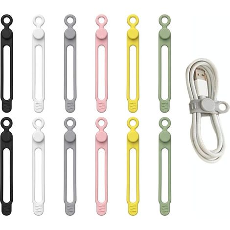 Confezione da 12 fascette elastiche in silicone per organizzare i cavi dati, con chiusura a bottone, ideali per caricabatterie, auricolari, tastiera, cavi di rete e scrivania. (1/5)