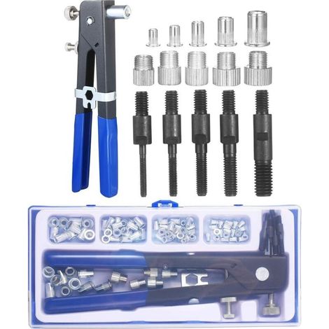 86PCS Kit d'outils pour écrous à rivets Set d'écrous à rivets aveugles Clé à riveter à main Outil d'insertion fileté Pistolet à écrous à rivets avec assortiment d'écrous à rivets métriques M3 M4 M5 M6 (1/5)