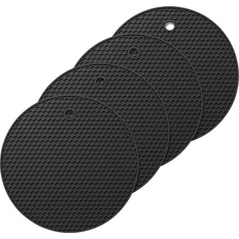 Dessous De Plat Silicone Rond Noir, 4pcs Anti-Dérapant Anti-Chaleur 250 °C Multifonction Repose-Cuillère Dessous De Verre De Cuisine Tapis De Table Pour Cuisine Et Salle À Manger (1/5)