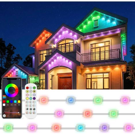 JSSEVN - Guirnalda de luces LED RGB para exteriores de 15 m, resistente al agua IP65, con control remoto y aplicación, temporizador, ideal para fiestas. (1/5)