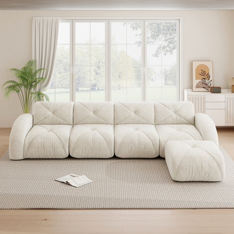 Canapé d'angle 4 places en L, fauteuil modulable avec pouf, assise antidérapante, prêt à l'emploi, design blanc pour séjour (1/5)