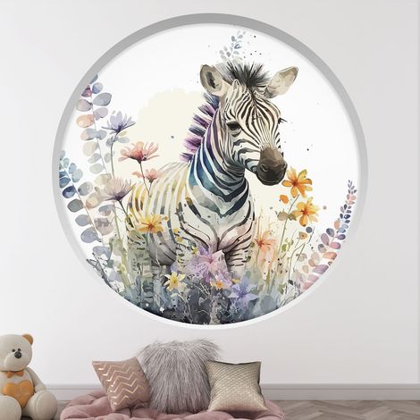 Stickers Trompe l'oeil Arche ronde Enfants - Zèbre fleurs - Diamètre 30 cm (1/4)