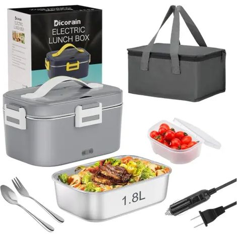 Boîte à lunch électrique pour la maison, 220 V (12 V/24 V, acier inoxydable 304), avec cuillère et fourchette + sac isotherme - Gris (1/4)