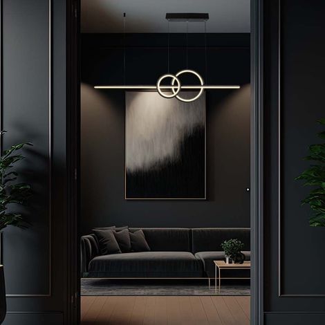 Lampadario LED a Sospensione 15W 1500lm dal Design Moderno 2 Anelli + Barra Led Colore Nero 4000K SKU-6935 (1/5)
