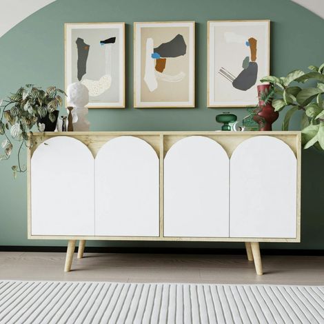 Buffet salle à manger effet bois 4 portes courbes blanches VAREN