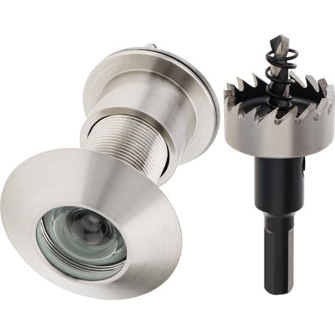 Judas de Porte, Laiton Judas à 220 degrés avec foret de 28mm pour portes de 41mm à 53mm, Grand Judas pour la porte d'entrée avec couvercle de protection (nickel satiné) (1/5)