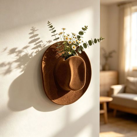 Vase mural en forme de chapeau de cowboy – Décoration murale bohème, cache-pot floral mural, style vintage en relief pour chambre (Brun) (1/3)