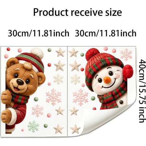 Stickers de fenêtre bonhomme de neige et ours à effet statique, décoration intérieure, décoration de fenêtre, stickers pour portes vitrées et vitrines de magasins, ambiance festive - JDT6068 (3040cm2p