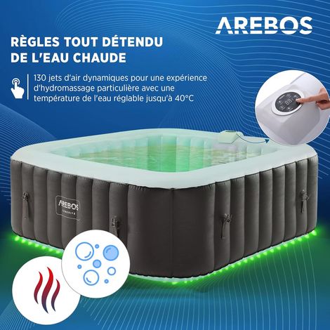 Spa Gonflable AREBOS - Automatique - 185x185cm - 6 Personnes - Bande Lumineuse LED - 130 Jets de Massage - 910 L - Noir — vue 2