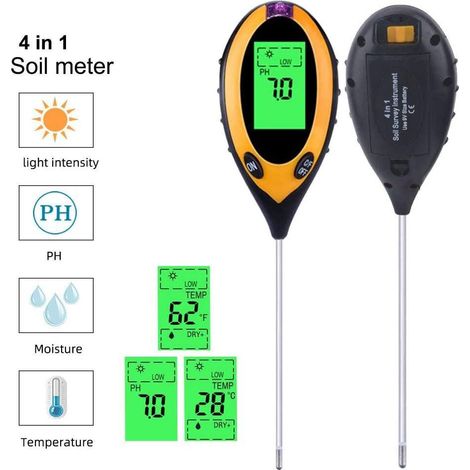 Un pH-mètre numérique 4 en 1 pour le sol qui mesure l'humidité du sol, l'intensité lumineuse et la température du sol (jaune). (1/5)