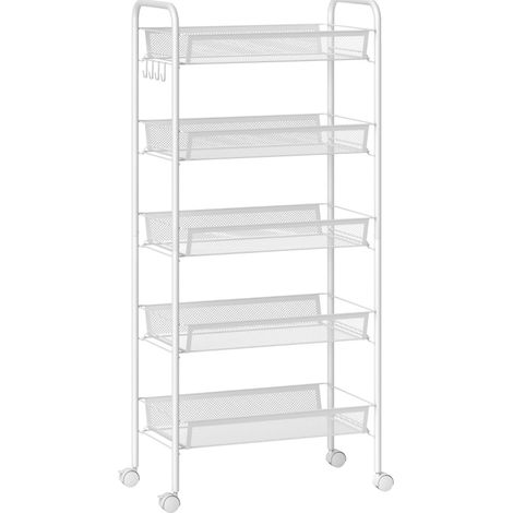 CHICFURN Carro de cocina de 5 cestas de alambre 45 x 26,5 x 106 cm blanco, 4 ganchos (1/5)