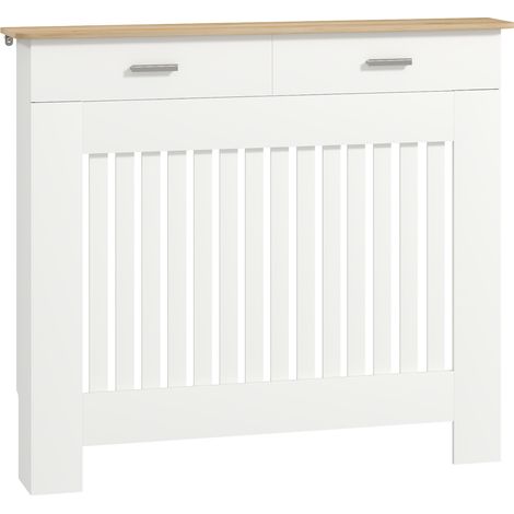 Cache radiateur blanc bois à lattes anti basculement tiroir 112x19x97 cm, meuble rangement avec tiroir