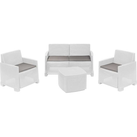 Dmora - Salon d'extérieur Dbalestrer, Ensemble de jardin avec 2 fauteuils, 1 canapé et 1 table de rangement, Effet rotin avec coussins, 100% Made in Italy, Blanc (1/3)