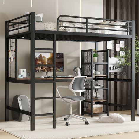 MEUBLIV Hochbett 90x200 cm Schwarz + Dunkle Holzfarbe – mit Schreibtisch und Stauraum, ohne Matratze (1/5)