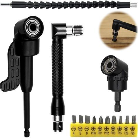 Juego de 14 brocas de extensión en ángulo recto, 2 puntas de destornillador en ángulo recto de 105°, 1 extensión flexible para brocas, 1 llave en forma de L, 10 puntas de destornillador cortas. (1/5)