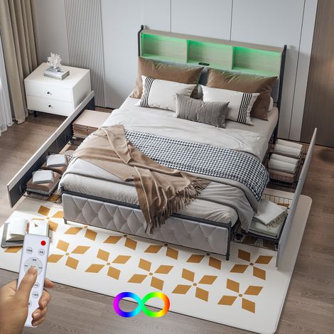 Lit double capitonné 140x200cm,lit adulte,lit à tiroirs,lit pour jeunes,avec tête de lit rangement,avec 4 tiroirs,barre lumineuse et chargement par USB,velours, Beige (1/5)