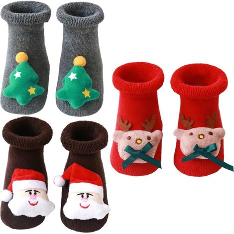 3 Ensembles Chaussettes Noël Antidérapantes Chaudes Coton Éponge Lot de Motifs Cerf Père Noël Et Sapin S an Confort Respirant Et Protection Sol 3 Paires3 (1/5)