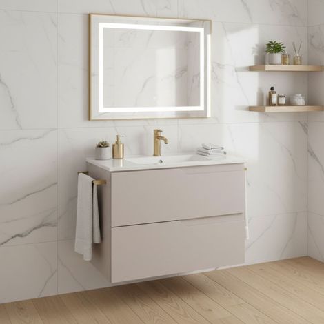 Ensemble de salle de bain suspendu avec colonne haute et meuble 60 cm, plan de toilette, sans vasque, beige, MDF – MODERN (1/5)