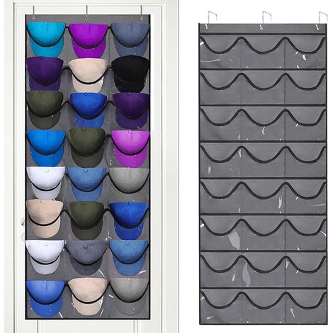 Porte Chapeau,Range Casquette,Organisateur de Casquette,Porte Casquette Mural avec 24 Poches,Étagère de Porte pour Casquettes de Baseball pour Ranger et Présenter Votre Collection Chapeau (Gris) (1/5)
