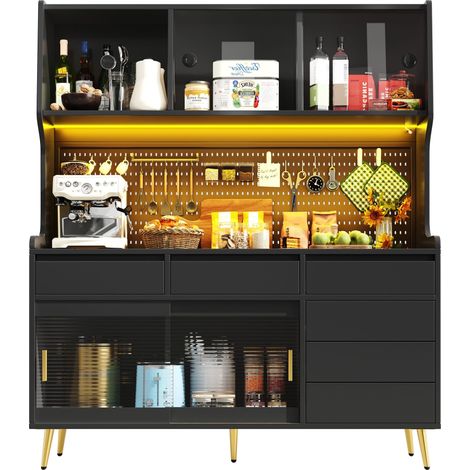 ELVMI Madia Alta con 2 Ante Scorrevoli, 1 Cassetto e LED per Cucina o Sala da Pranzo in MDF 145×39×171 cm Nero (1/5)