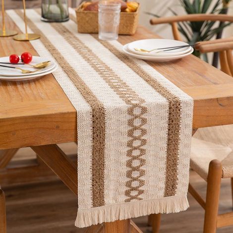 Tischläufer aus Leinen, waschbarer Vintage-Makramee-Tischläufer mit Quasten, ideal zum Dekorieren eines Couchtisches, Küchentisches oder für eine rustikale Hochzeit oder Party zu Hause. (1/5)