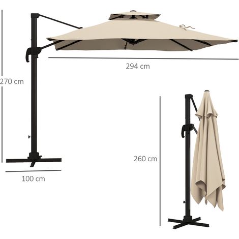 Parasol déporté, résistant aux intempéries, manivelle à une main, 2,94 x 2,94 x 2,7 m, kaki (1/5)