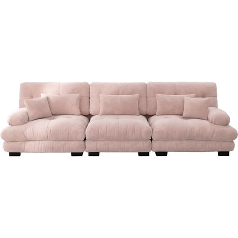 Divano dritto, divano da 3 posti con 5 cuscini, seduta profonda, in tessuto felpa (chenille), rosa (1/5)