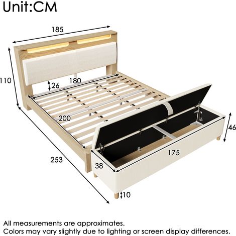 Lit double en bois 180×200cm avec banquette de lit, tête de lit avec espace de rangement, éclairage LED et dossier rembourré en velours côtelé beige, comprenant une banquette de lit avec espace de ran (1/5)