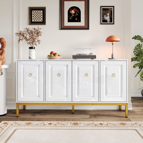 Buffet Blanc Brillant 140 cm avec 4 Portes, Étagères Réglables et Pieds Métal Dorés, Meuble de Rangement Moderne pour Salon, Salle à Manger ou Entrée (1/5)