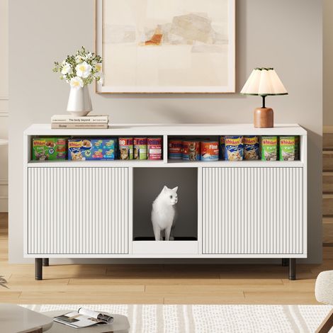 Mobile lettiera per gatti 120 x 50 x 66 cm con tappeto raccogli-sabbia, bianco DESVIAE (1/5)