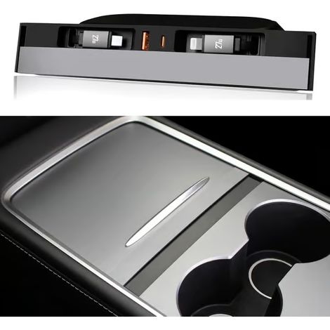 Chargeur hub USB (dernier modèle 2026) pour Tesla Model 3 et Model Y (2026-2026), avec deux câbles rétractables de charge rapide 27 W et couvercle coulissant. (1/4)