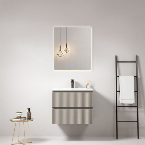 Mobile bagno sospeso cannettato 60 cm Grigio Cenere Lavabo in Ceramica Specchio Quadro Retroilluminato - Fiji Paint