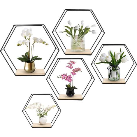 of 5 Hexagonal Wooden Shelves Wall Shelves Contemporary (1/5)