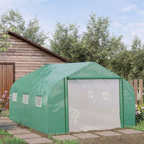 Serre tunnel acier 3,5x3x2m vert, bâche PE avec porte enroulable et 6 fenêtres, abri de jardin couvert (1/5)