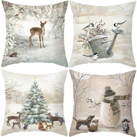 Housse de coussin décorative animaux de Noël - 45 x 45 cm - Motifs animaux : bonhomme de neige, vase, cerf, chien, lapin, oiseau, sapin de Noël - Lot de 4 carrés hiver (1/5)