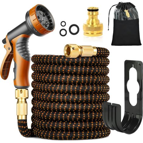 100ft Orange Flexible Garden Hose 10 Functions Anti-Kink 3 x Extendable Spray Nozzle with Brass Fittings 3/4 Inch and 1/2 Inch for Garden, Floor, Patio, Car (1/5)