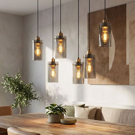 Lampada a sospensione per tavolo da pranzo Lampada a sospensione per soggiorno, vetro fumé metallo nero, prese 6x E27 LxLxH 75x24x120 cm