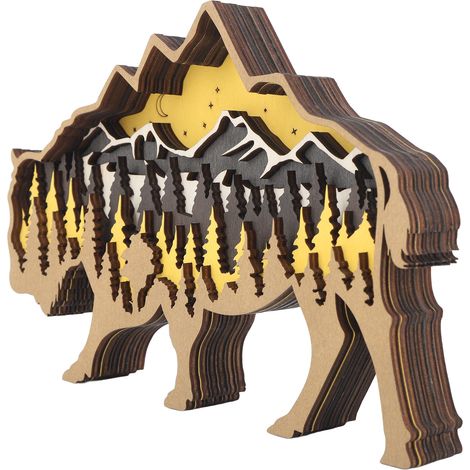 Sculpture en bois 3D, décorations en buis multicouches, animal creux, décoration de table pour Halloween, Pâques, buffle (1/5)