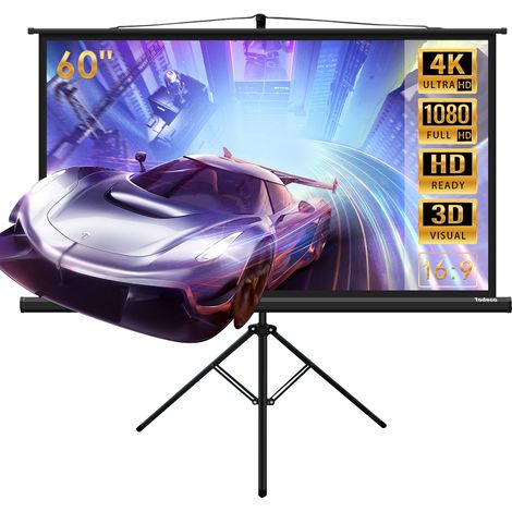 Leinwand mit Stativ 60 Zoll, Tragbar Projektor Leinwand, 130 x 75 cm, 16:9, 4K HD Klappbar Beamer Projektion Filme Leinwand für Indoor Outdoor Home Theater