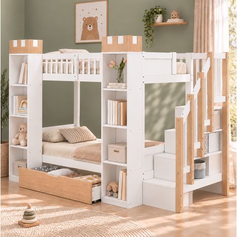 MODFU – Letto a castello castello 90x200 cm in pino/MDF con scala contenitore, cassetto, mensole e carico 120 kg – Bianco (1/5)