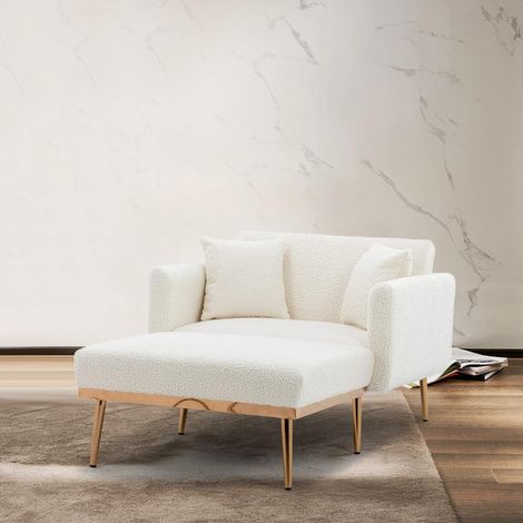 Fauteuils - Fauteuil Relax Convertible avec Dossier réglable à 105°/140°/180°, Assise en Velours et Mousse, Cadre Bois, 165×90×77 cm - Beige (1/5)