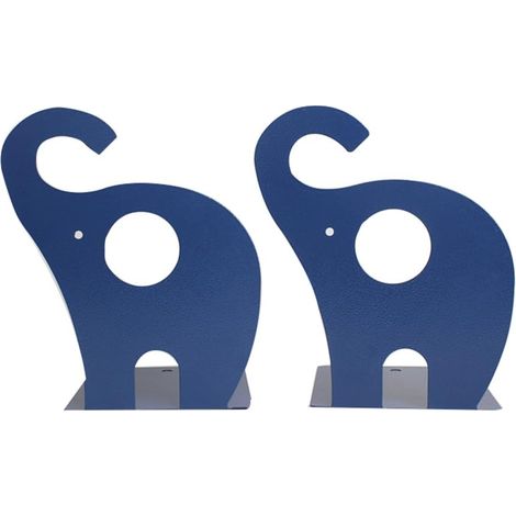 Lot de 2 serre-livres pour enfants en métal motif éléphant avec décor antidérapant, bleu