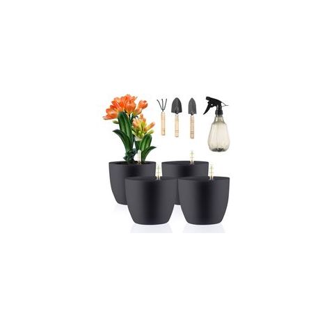 Lot de 4 Pots de Fleurs avec Indicateur d'eau en Plastique 15,5 x 13 cm Auto-Arrosage Réservoir d'eau avec Système d'irrigation pour Plantes Miniatures (Gris) (1/5)