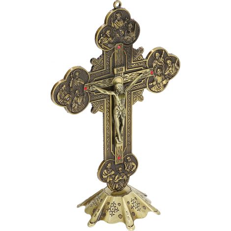 Crucifix en Bronze à Base Stable Incrusté Rouge Style Vintage, Décoratif Art de Table en Métal, Cadeau Catholique (1/5)